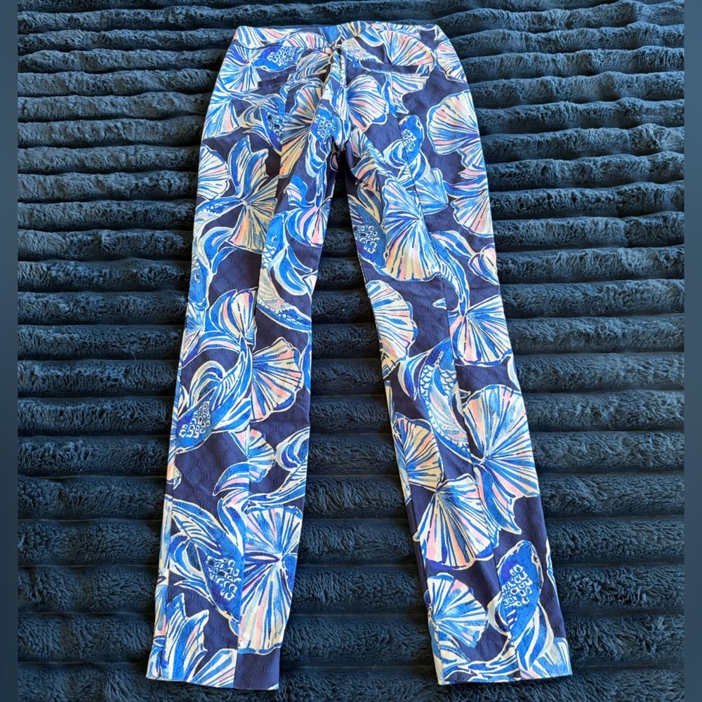 Lilly Pulitzer Ankle Crop Pants Navy Blue Tropical Floral Print Size 00 - Picture 2 of 4